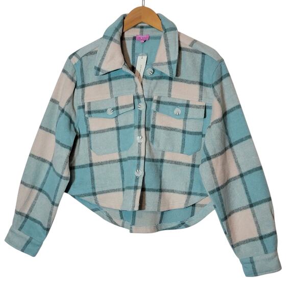 Mi ami Francesca Cropped Plaid Shacket Blue Cream Fall Winter Layering Jacket L - Picture 7 of 15